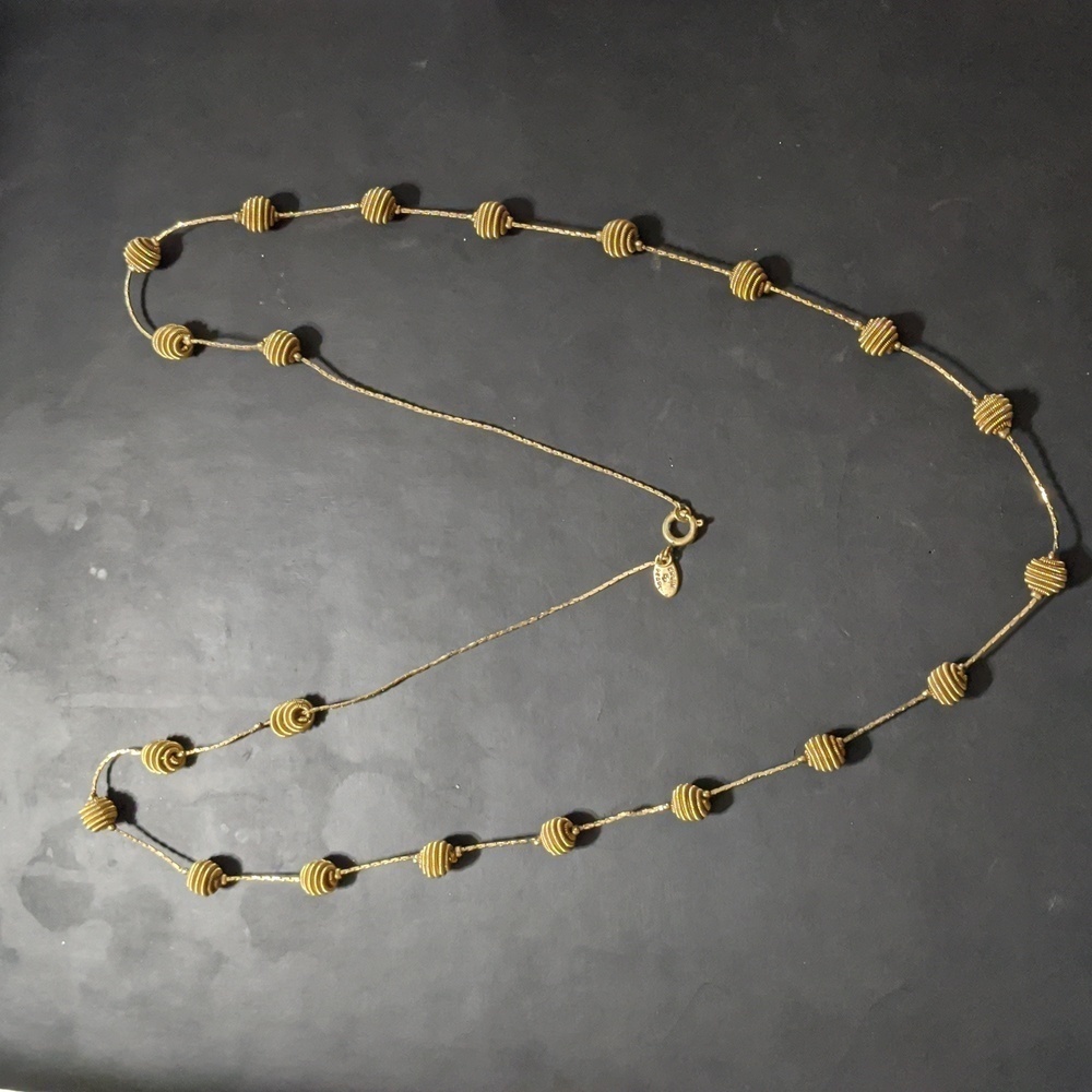 Vintage Erwin Pearl Gold Tone Spiral Ball Station Long Statement Necklace